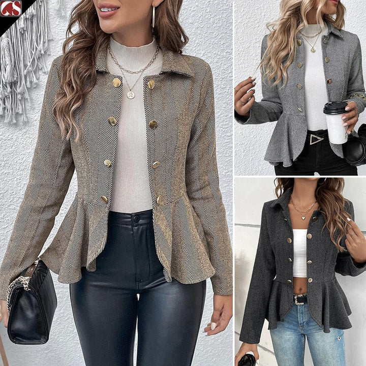 Women wearing stylish button-up peplum jackets in brown, gray, and black paired with casual tops and jeans