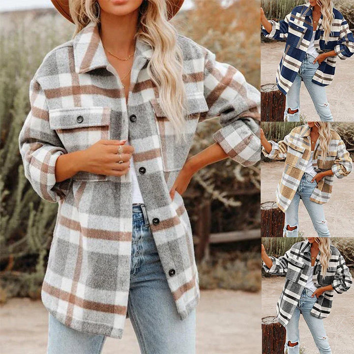 Women wearing casual plaid button-up shacket in gray, navy, tan, and black styles outdoors with jeans