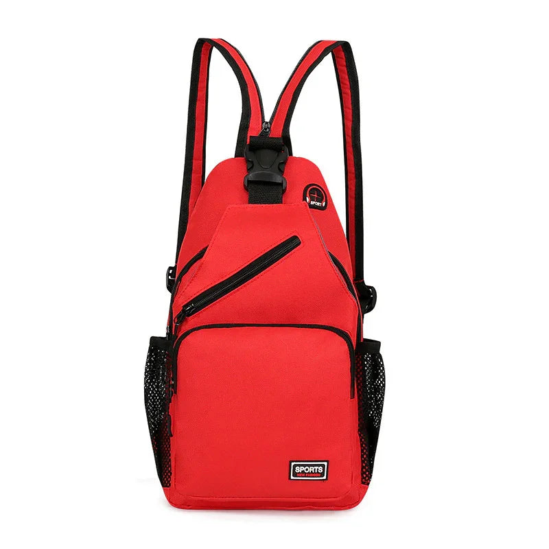Red sports backpack with black zippers, mesh side pockets, and adjustable straps