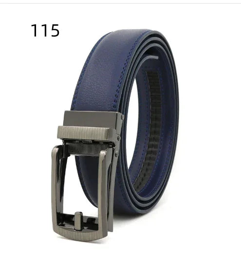 Men's navy blue leather belt with automatic silver buckle, style number 115