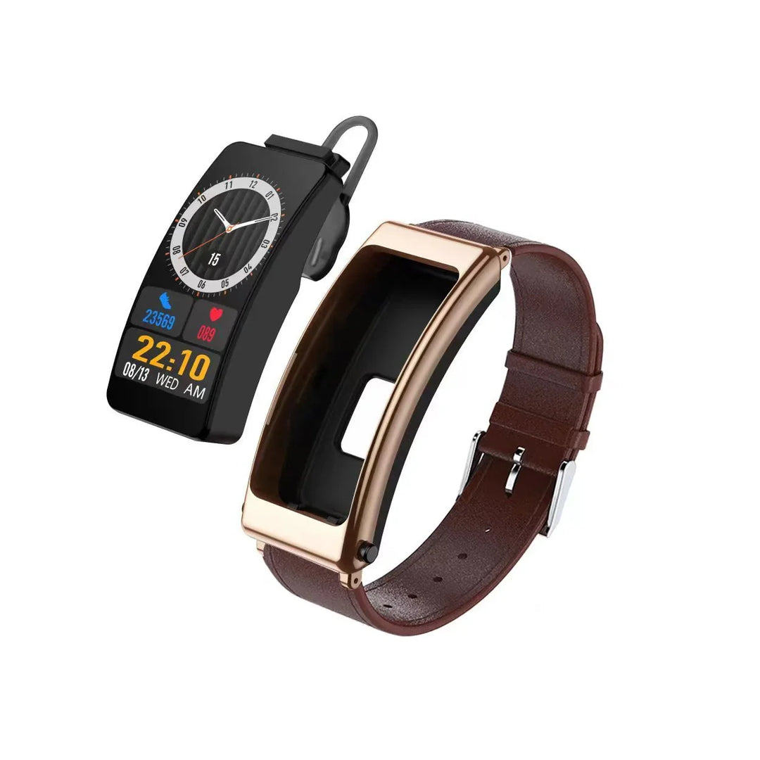 Black fitness tracker with digital display and brown leather strap with rose gold frame