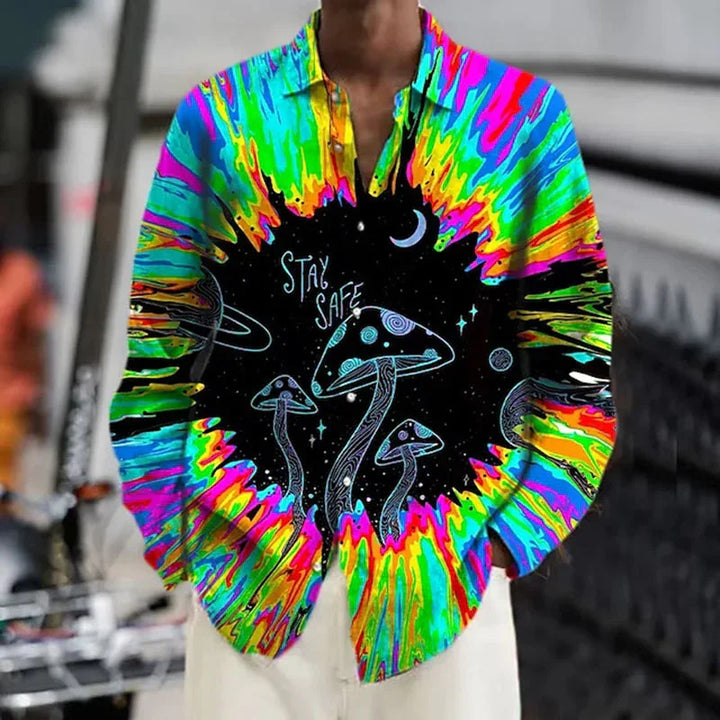 Psychedelic shirt with colorful tie-dye, cosmic mushrooms, crescent moon, and Stay Safe text