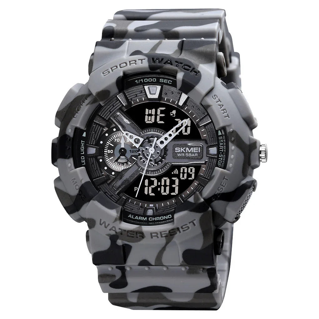 SKMEI grey and black camouflage digital analog sport watch with LED light and water resistance