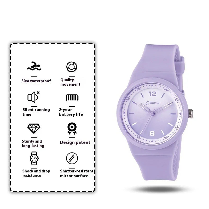 Purple silicone wristwatch with white dial and numeric markers showing time 10:10:36