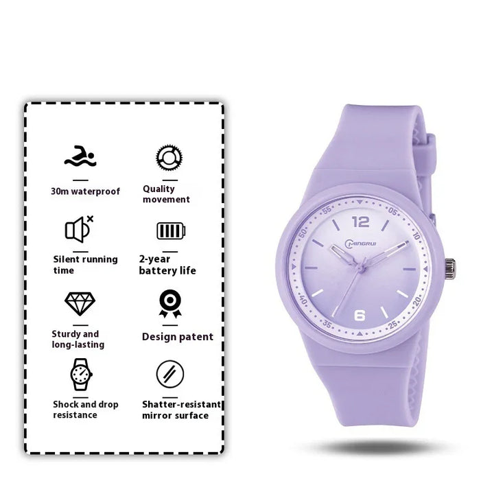 Purple silicone wristwatch with white dial and numeric markers showing time 10:10:36
