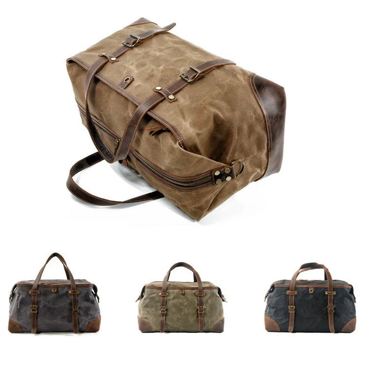 Vintage canvas and leather weekend duffle bags in brown, gray, olive, and black with buckle straps