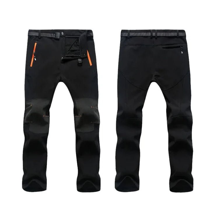 Black outdoor hiking pants with reinforced knees, zippered pockets, and adjustable waist belt shown front and back