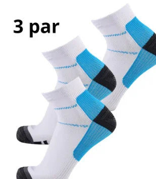 Three pairs of white ankle sports socks with blue accents and black heel and toe