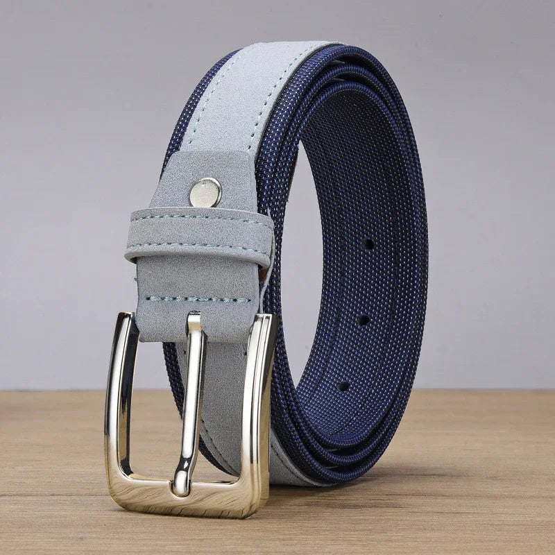 Navy blue and light gray suede fabric belt with silver metal buckle on wooden surface