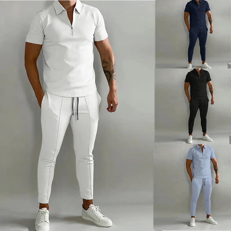 Men's casual slim fit zipper polo shirt and jogger pants set in white, navy, black, and light blue colors