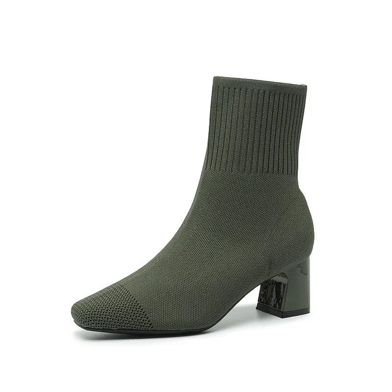Olive green knit sock boot with square toe and low block heel on white background