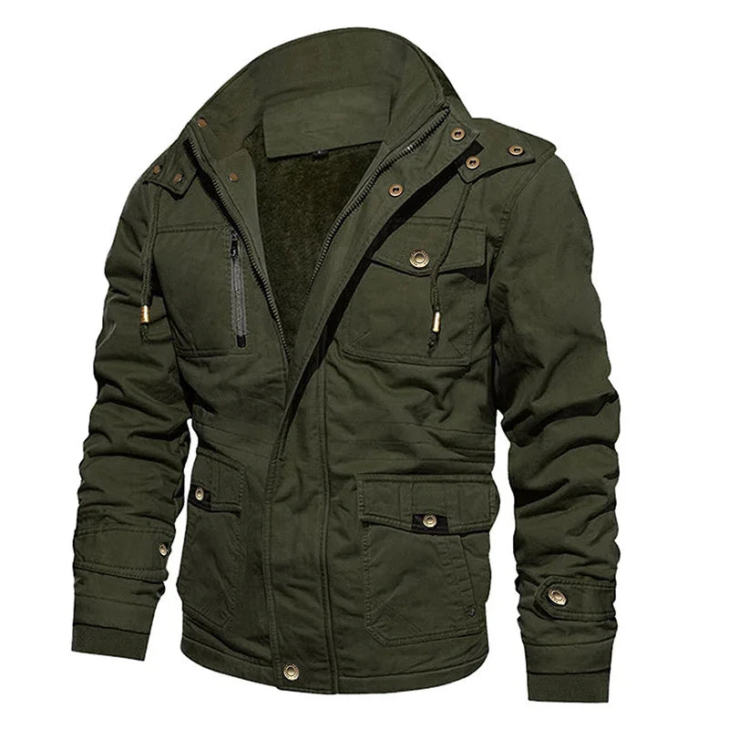 Men's olive green casual jacket with multiple pockets, zipper, and button details