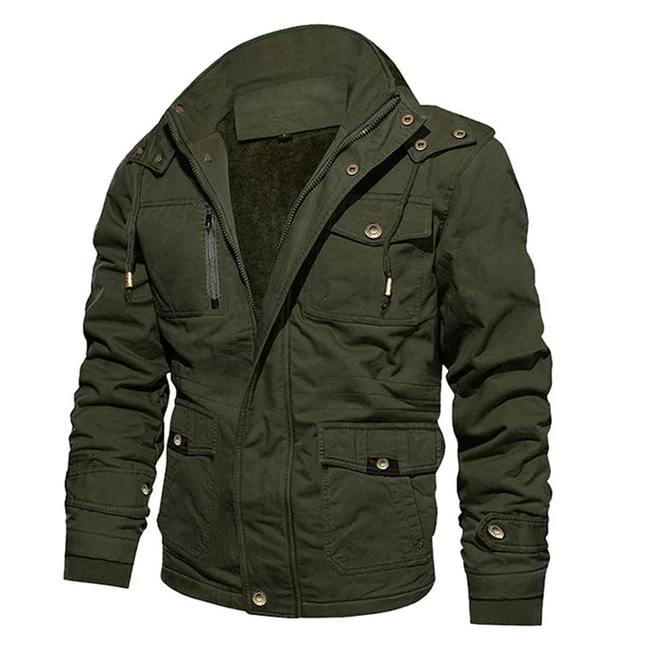Men's olive green casual jacket with multiple pockets, zipper, and button details