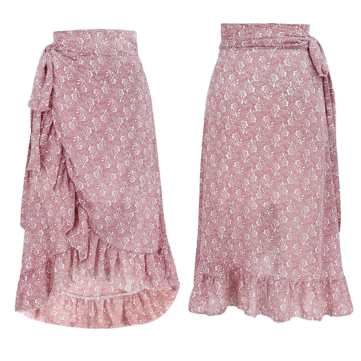 Pink floral wrap midi skirt with ruffle hem and side tie detail, front and back views