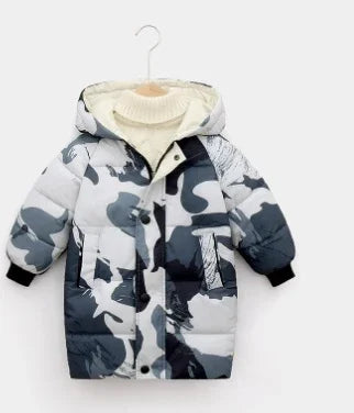 Children's winter hooded puffer coat in gray and white camouflage pattern with black cuffs
