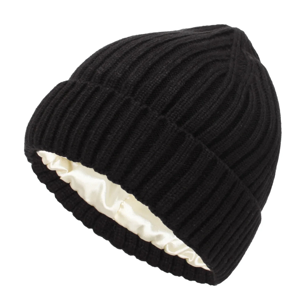 Black ribbed knit beanie hat with white satin lining inside