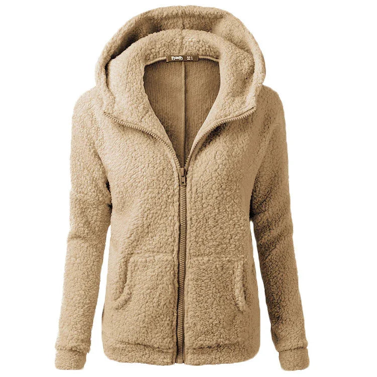 Beige sherpa fleece zip-up jacket with hood and front pockets for women