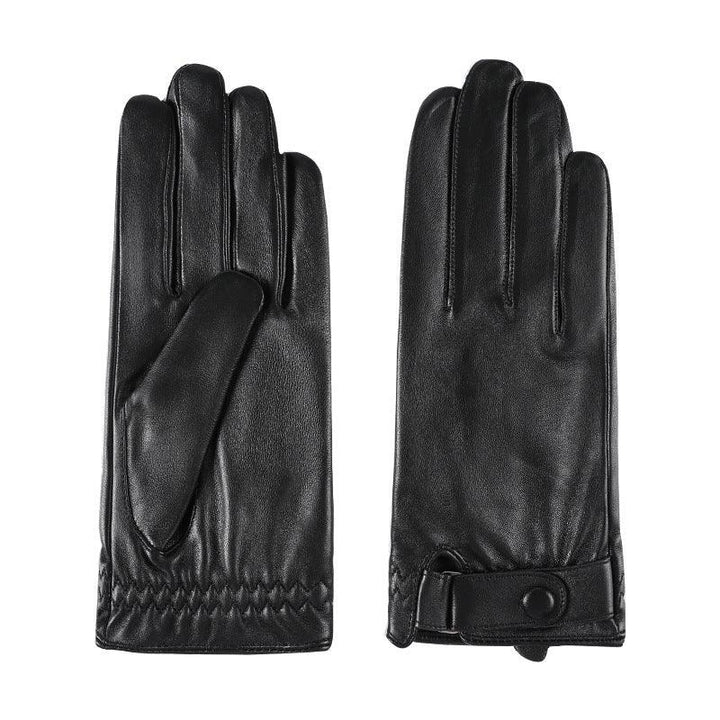 Pair of black leather winter gloves with stitched details and snap button closure