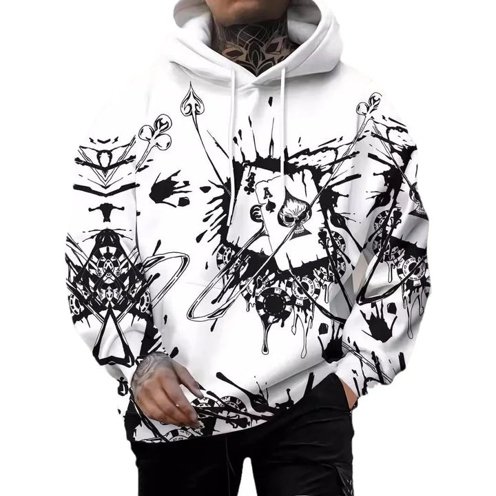 White hoodie with black abstract graffiti design featuring playing cards, poker chips, and splatter art