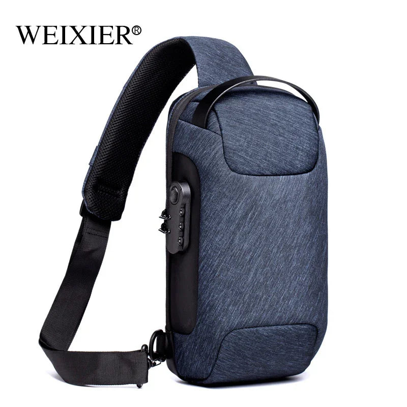 WEIXIER compact blue crossbody sling bag with padded strap and combination lock on side