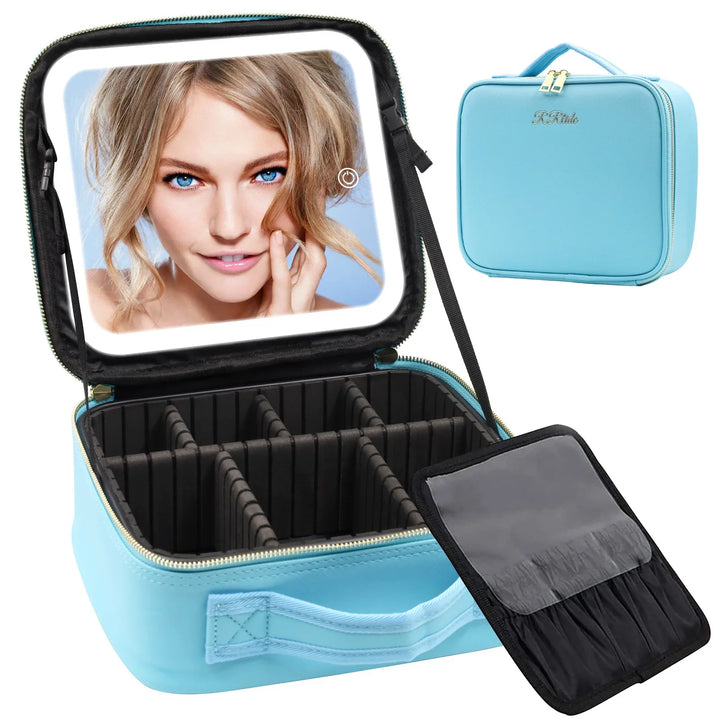 Light blue makeup organizer case with LED mirror, adjustable compartments, and brush holder pouch