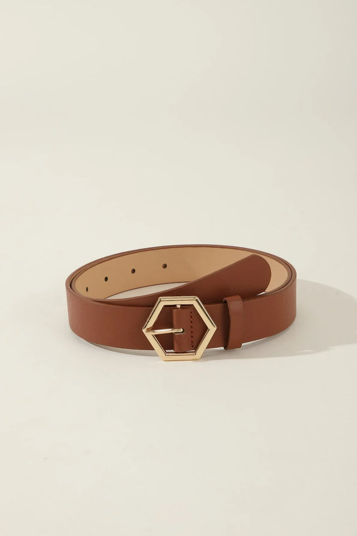 Brown leather belt with unique gold hexagon-shaped buckle on white background