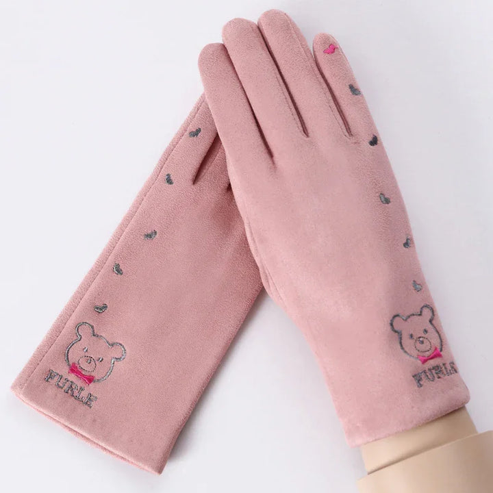 Pink fleece gloves with bear face, small hearts, and Furla logo embroidery