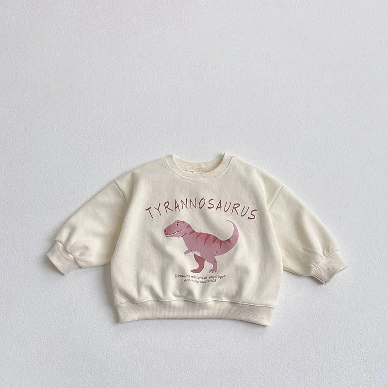 Cream toddler sweatshirt with pink Tyrannosaurus dinosaur graphic and text on front