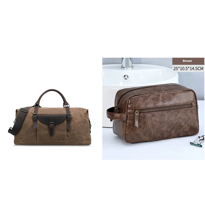 Brown canvas duffel bag with leather straps and brown leather toiletry travel bag with zipper, 25x10.5x14.5 cm
