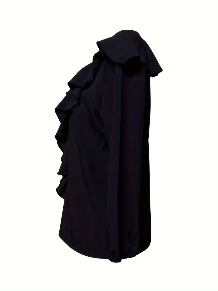 Black sleeveless blouse with ruffle detailing and high neck on white background