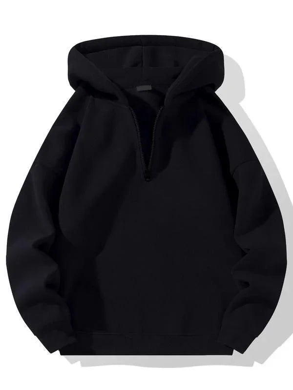 Black hooded pullover sweatshirt with quarter zip collar and long sleeves on white background