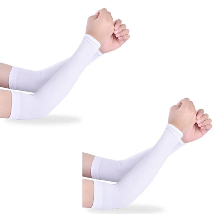 Pair of white arm sleeves worn on forearms against white background
