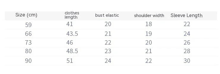 Clothing size chart displaying length, bust elastic, shoulder width, and sleeve length in centimeters.
