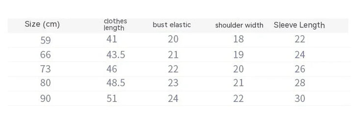 Clothing size chart displaying length, bust elastic, shoulder width, and sleeve length in centimeters.