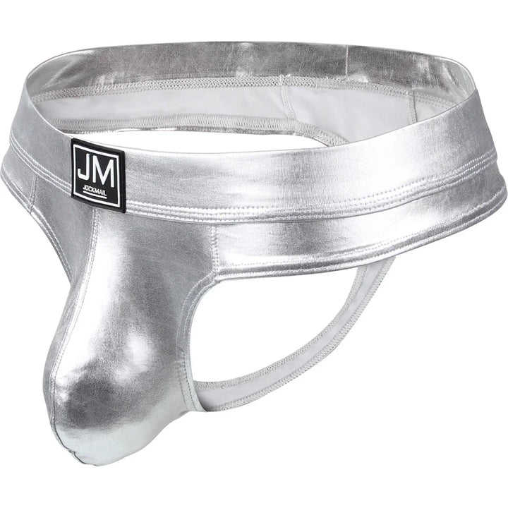 Silver metallic men's jockstrap with JM Jockmail logo on waistband
