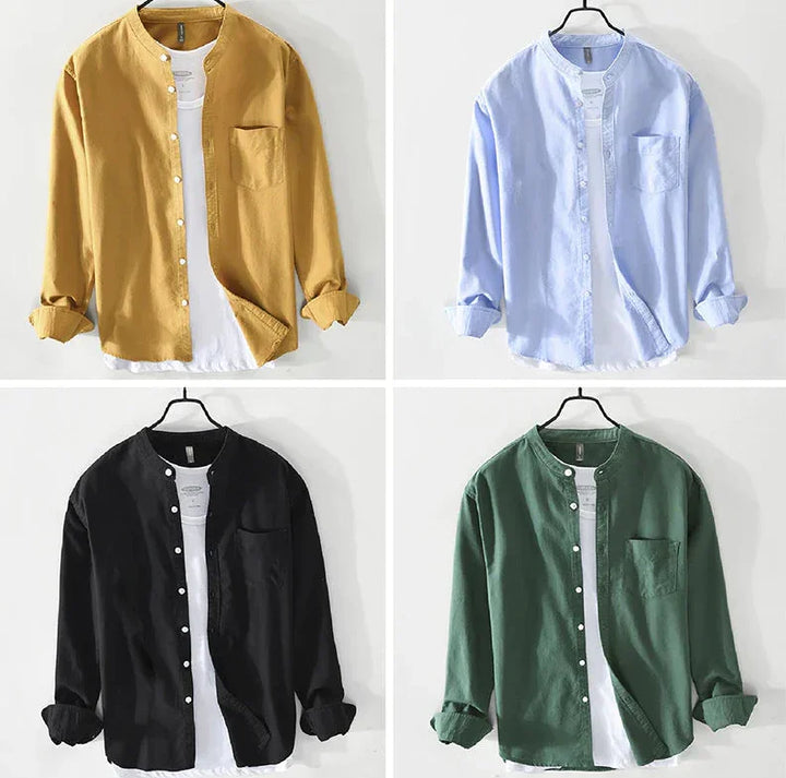 Four men's casual button-up shirts in mustard, light blue, black, and green, each layered over a white T-shirt