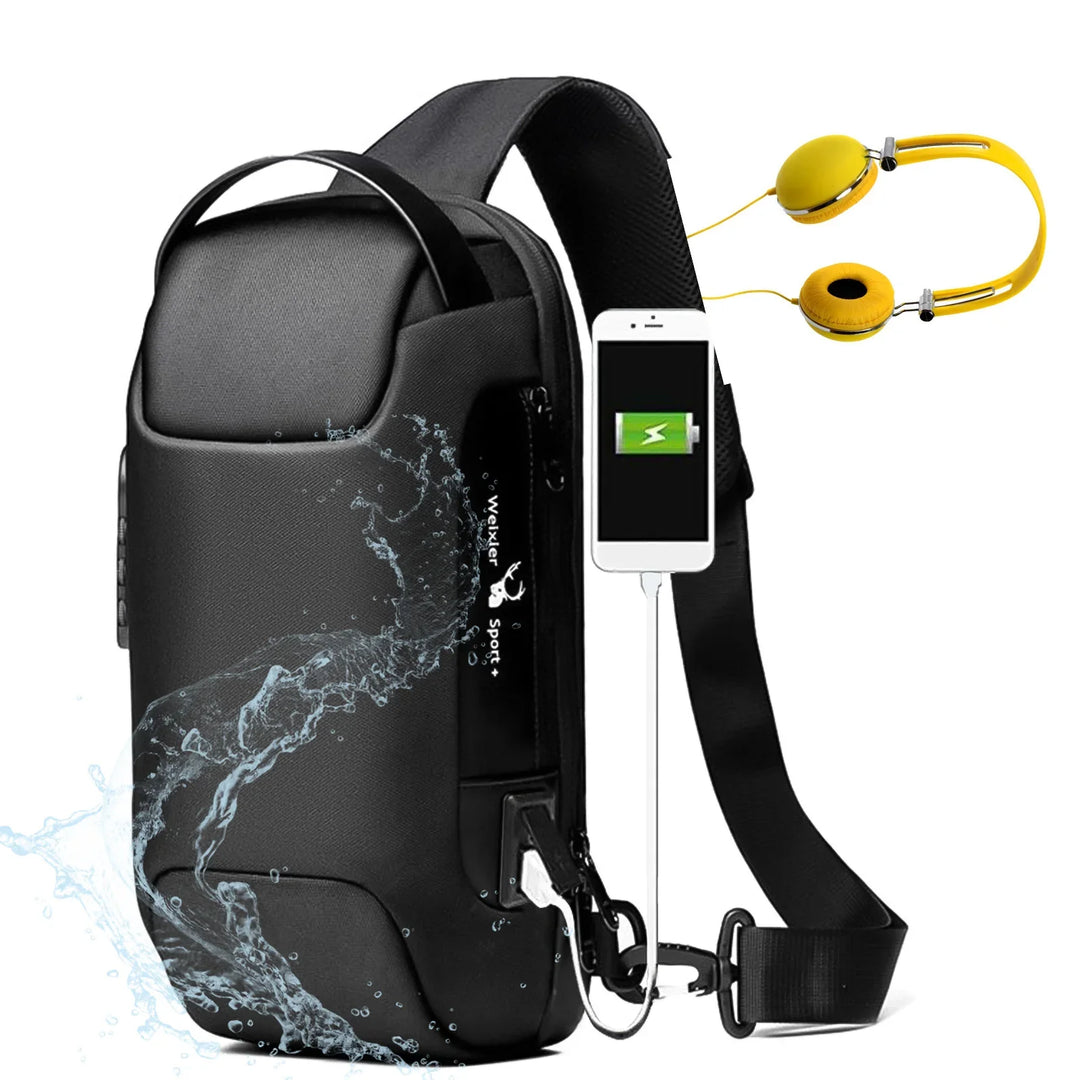 black waterproof crossbody sling bag with USB charging port and yellow headphones