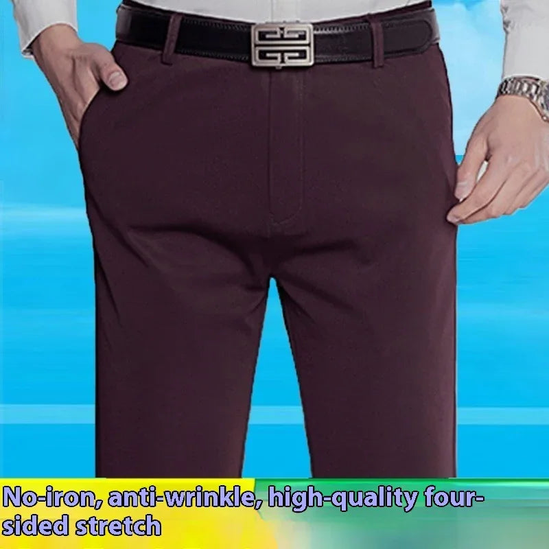 Men's formal dark brown pants with black leather belt and silver buckle, no-iron anti-wrinkle stretch fabric