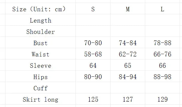 Clothing size chart in centimeters showing bust, waist, sleeve, hips, and skirt length measurements for sizes S, M, and L