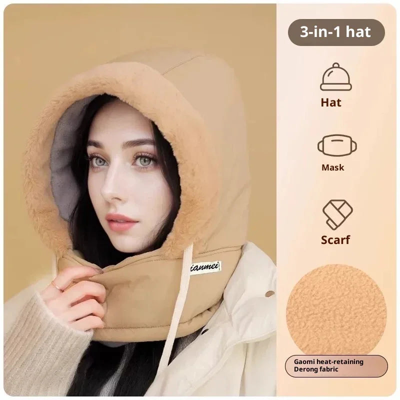 Woman wearing beige 3-in-1 hood hat with fleece lining, showcasing hat, mask, and scarf uses
