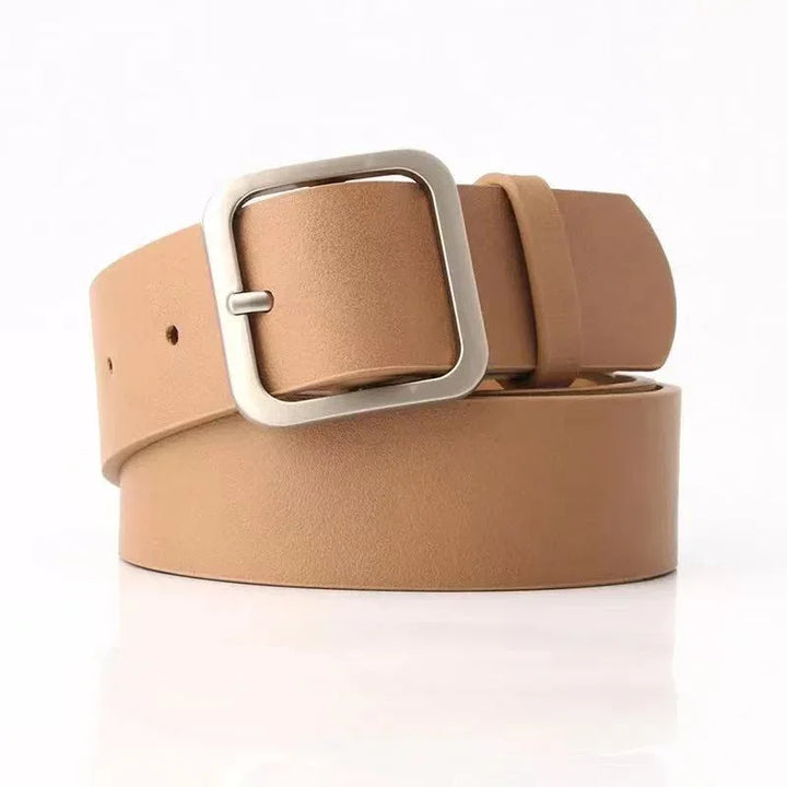Tan leather belt with a silver square buckle on white background, casual men's fashion accessory