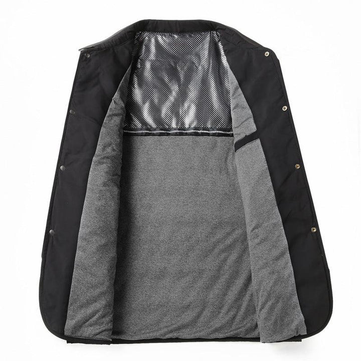 Black winter coat open to show soft gray fleece lining and insulating mesh back panel