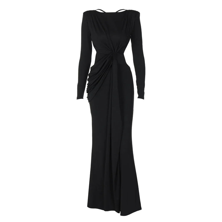Elegant black long-sleeve evening gown with ruched waist and floor-length skirt