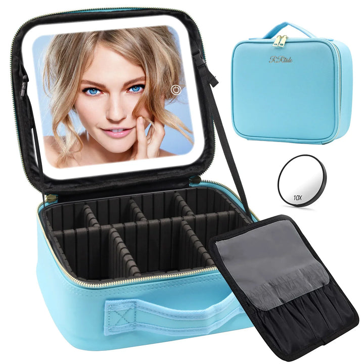 Blue portable makeup organizer case with adjustable dividers, LED light mirror, 10X magnifying mirror, and brush holder pouch