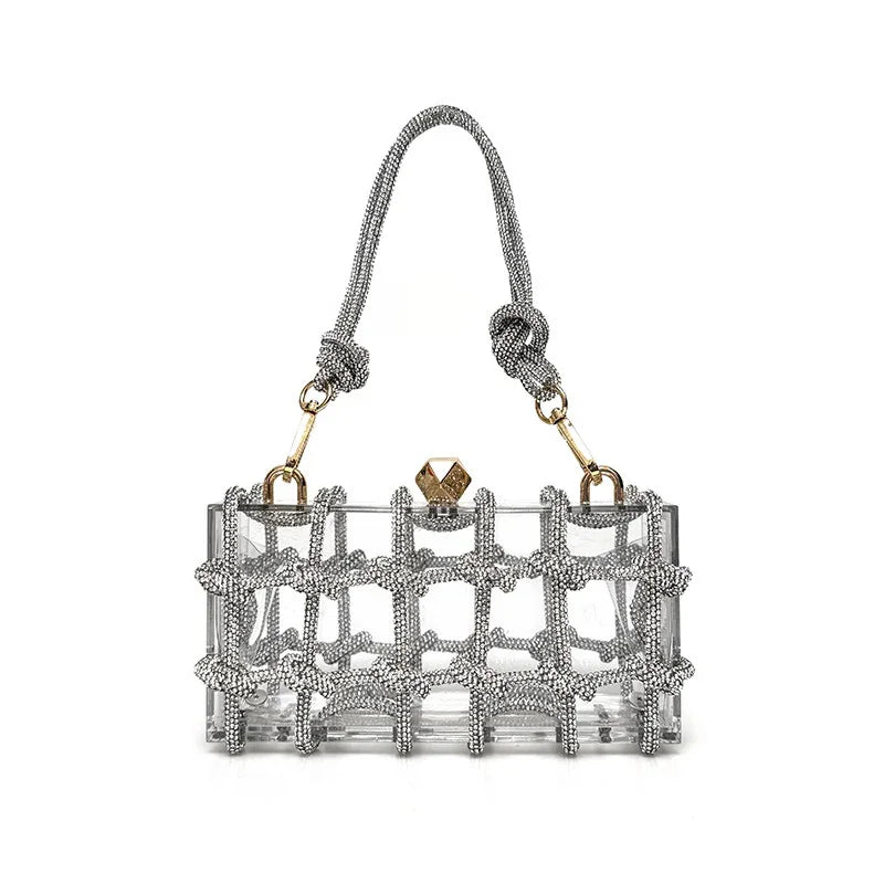Transparent rectangular handbag with silver rhinestone net overlay and knotted handle with gold clasps