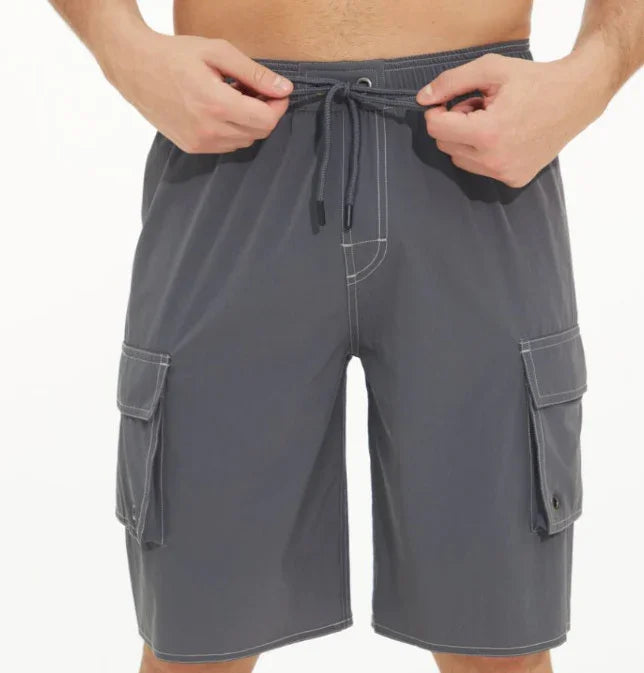 Men's gray cargo swim shorts with drawstring waist and side pockets