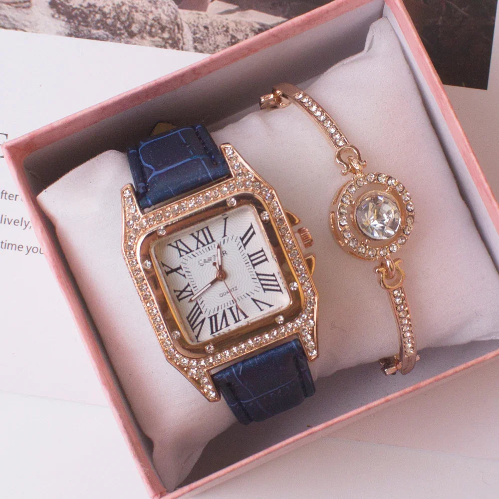 Luxury quartz watch with blue leather strap and rhinestone bracelet in gift box