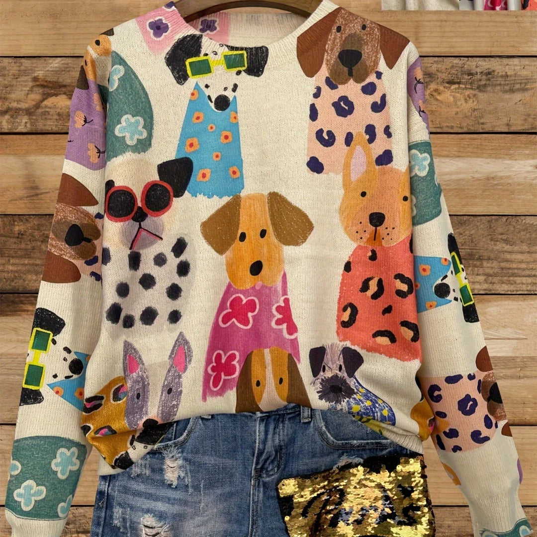 Colorful sweater with playful dog patterns, paired with distressed denim and sequin pouch