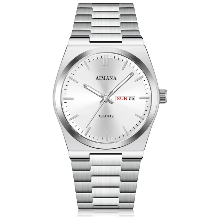 Silver AIMANA quartz wristwatch with metallic band, day-date display, and minimalist dial