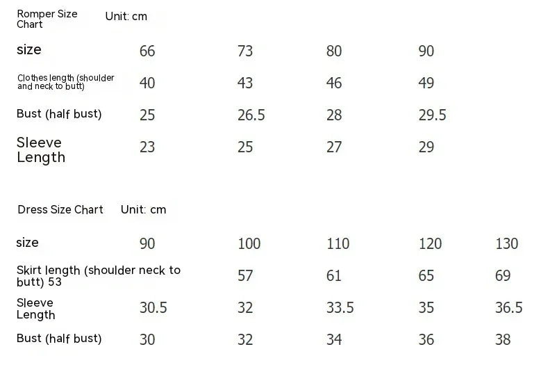 Romper and dress size chart in centimeters showing measurements for clothes length, bust, and sleeve length by size